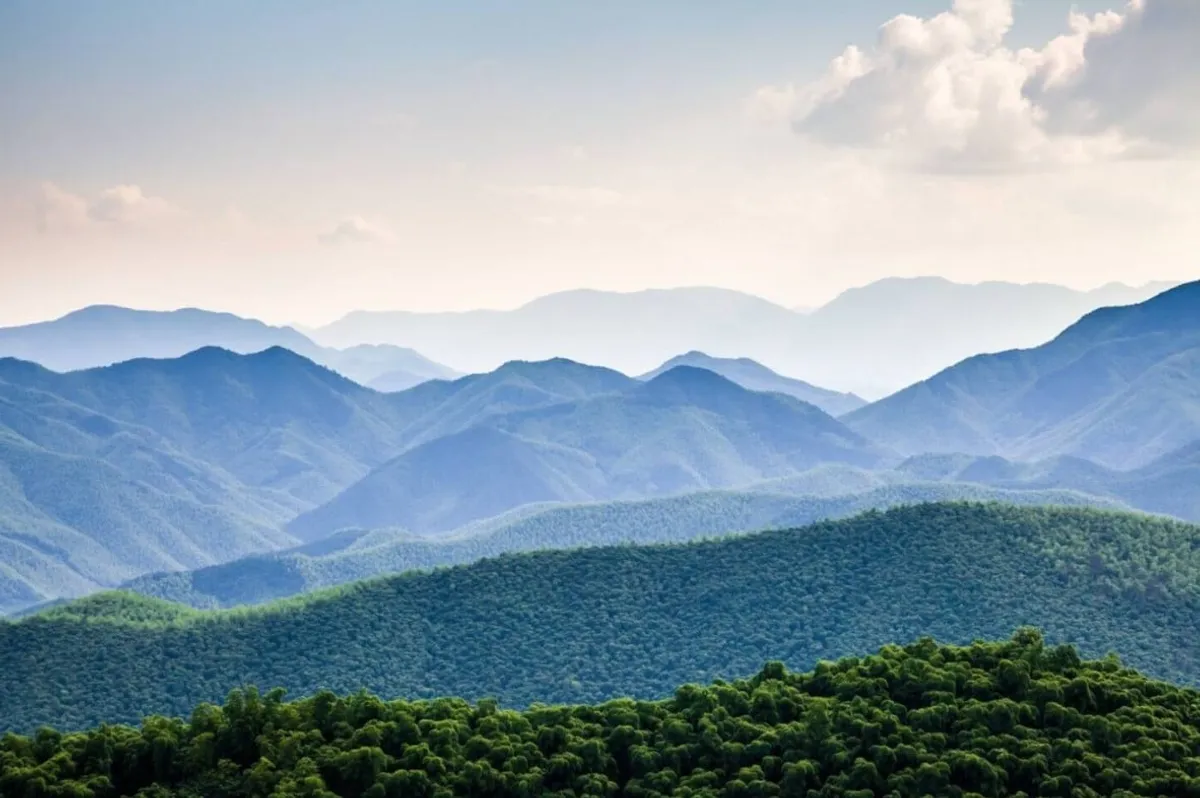 A breathtaking view of a mountain range with lush green foliage and distant hills, offering a sense of the natural beauty and adventure awaiting near the Smoky Mountains.